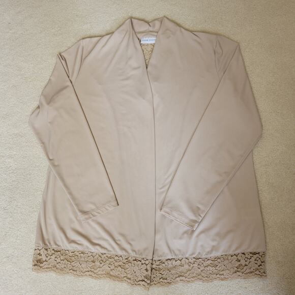 Susan Graver L Beige Cardigan Long Sleeve Open Front Lace Stretch Sweater - Picture 3 of 16